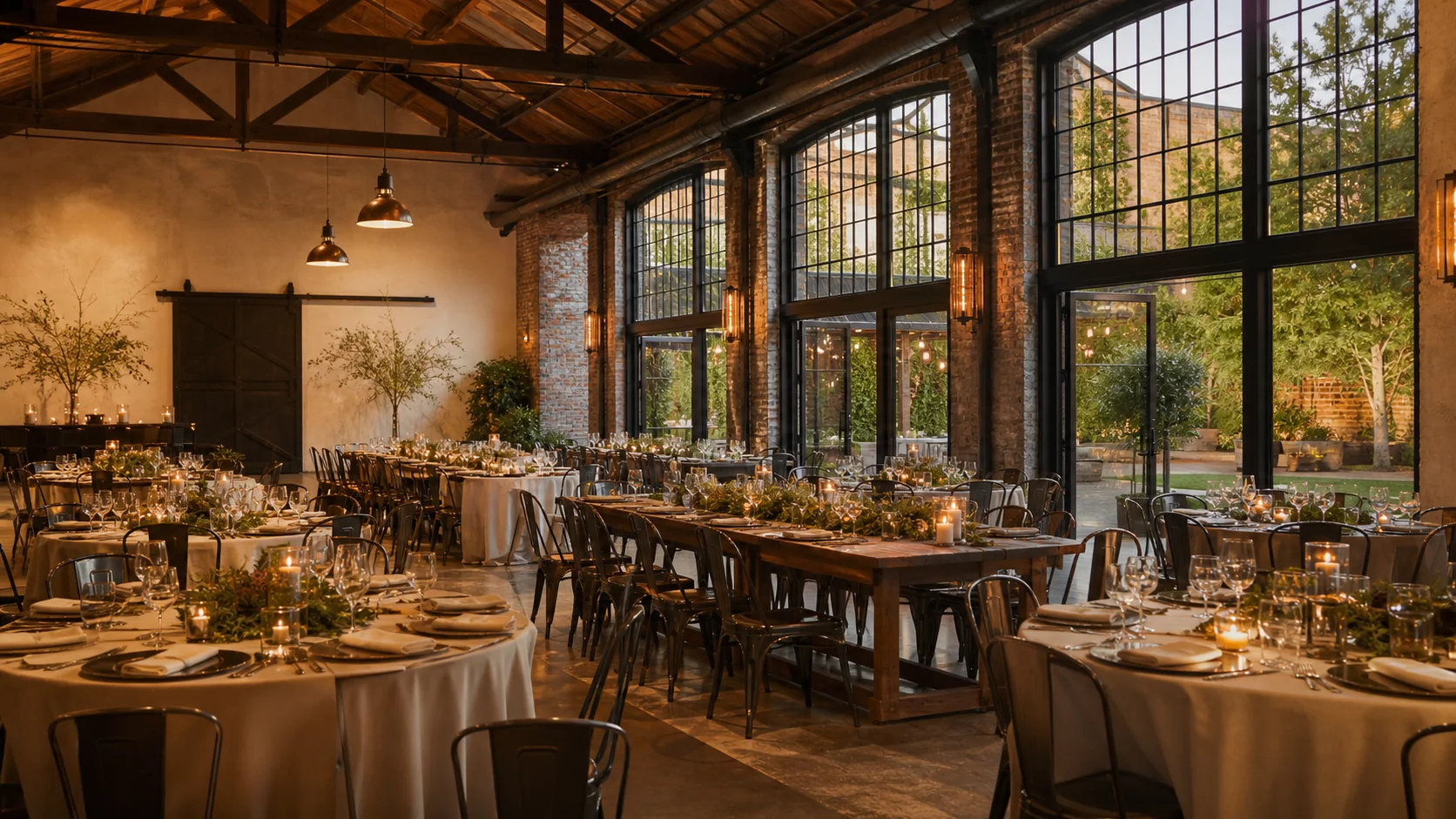 The Foundry reception hall with timber beams and dinner tables