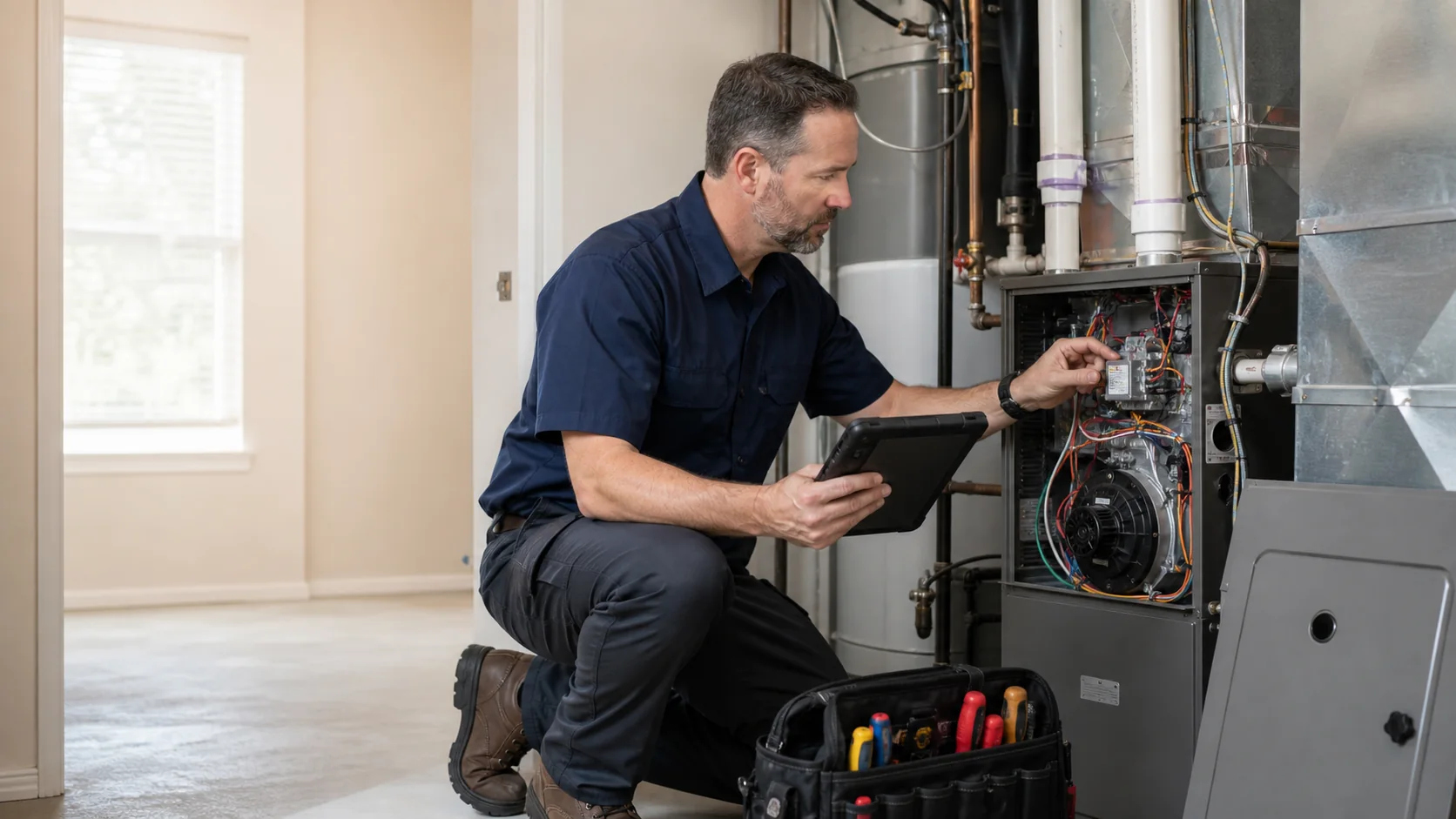 Technician working on a home heating system