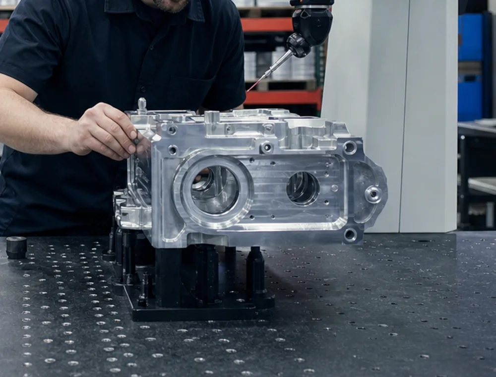Machined aluminum component on an inspection fixture