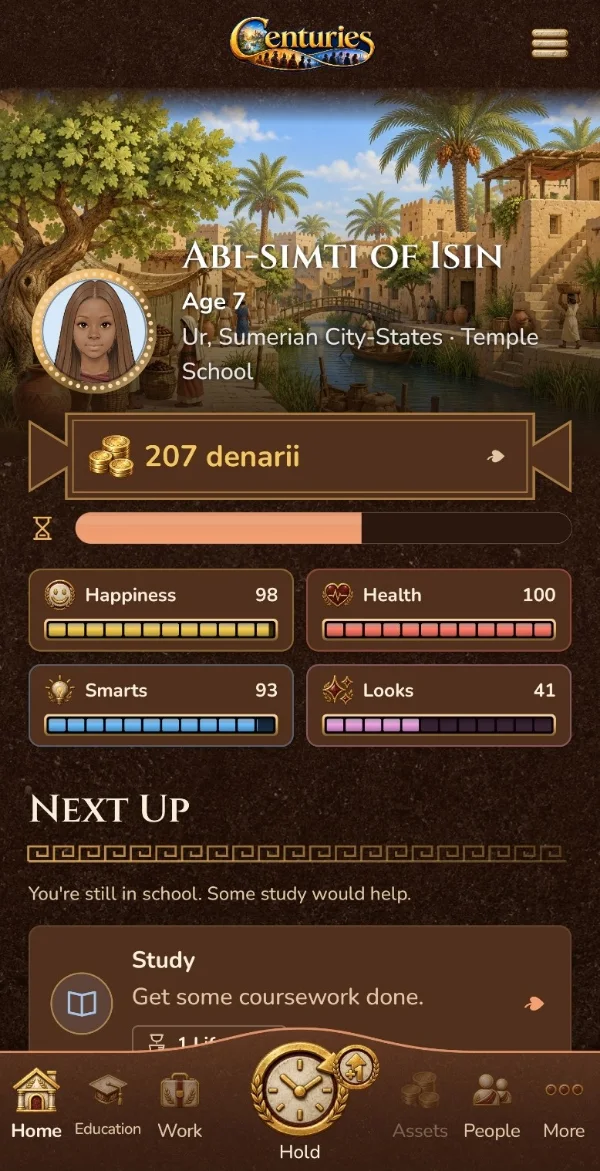 Centuries Ancient home screen for Abi-simti of Isin, age 7, in Ur, Sumerian City-States, with 207 denarii