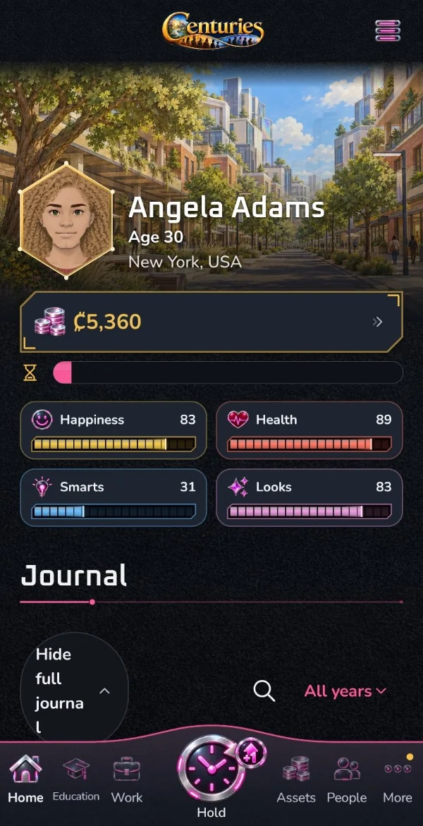 Centuries Future home screen for Angela Adams, age 30, in New York, USA, with ₵5,360
