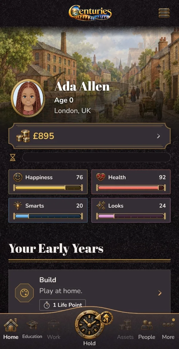 Centuries Industrial home screen for Ada Allen, age 0, in London, UK, with £895