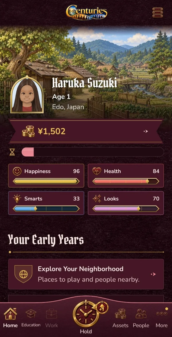 Centuries Medieval home screen for Haruka Suzuki, age 1, in Edo, Japan, with ¥1,502