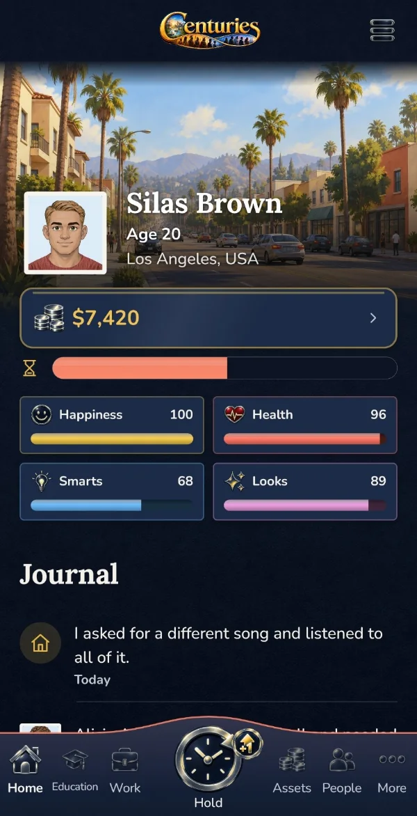 Centuries Modern home screen for Silas Brown, age 20, in Los Angeles, USA, with $7,420
