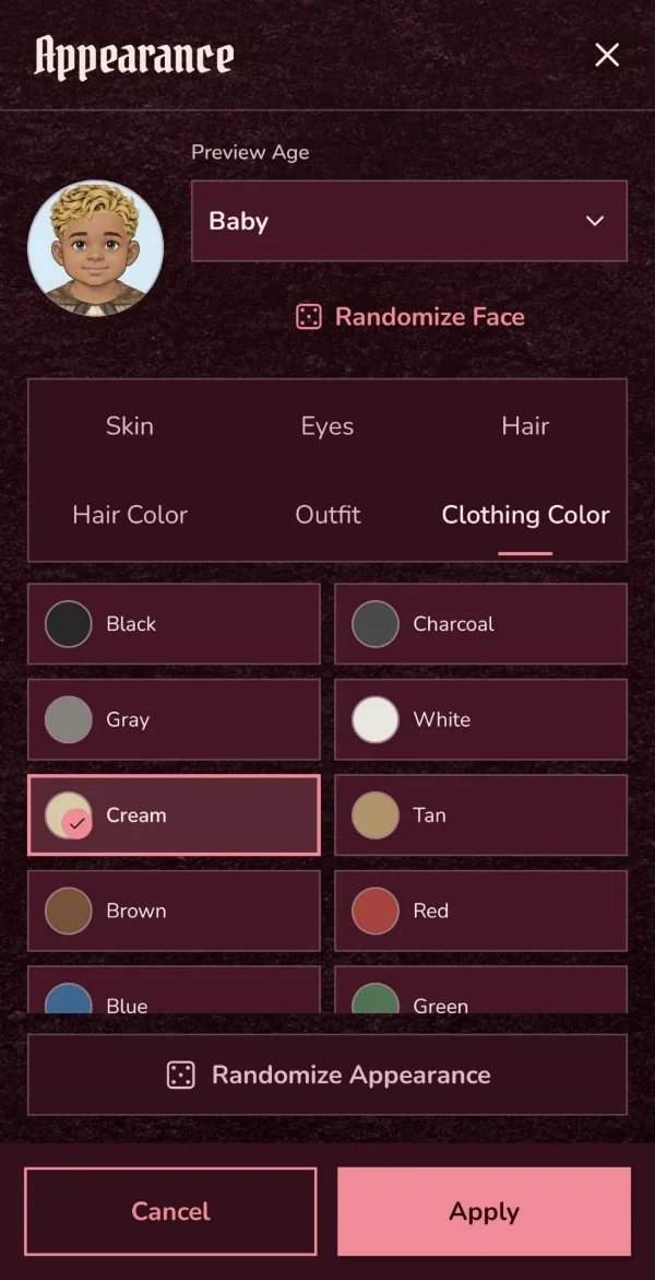 Centuries appearance screen with clothing color options and a face preview