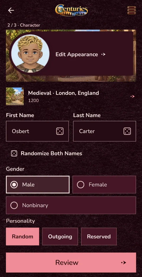Centuries character screen for Osbert Carter with name, gender, and personality options