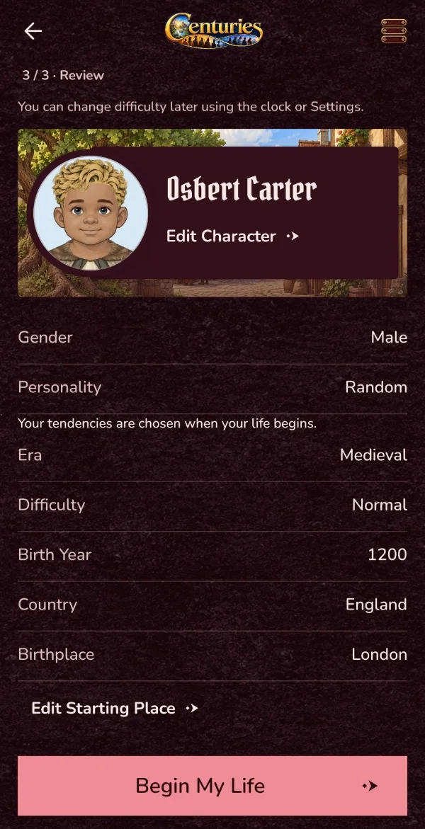 Centuries review screen listing Osbert Carter's era, birth year, country, and appearance