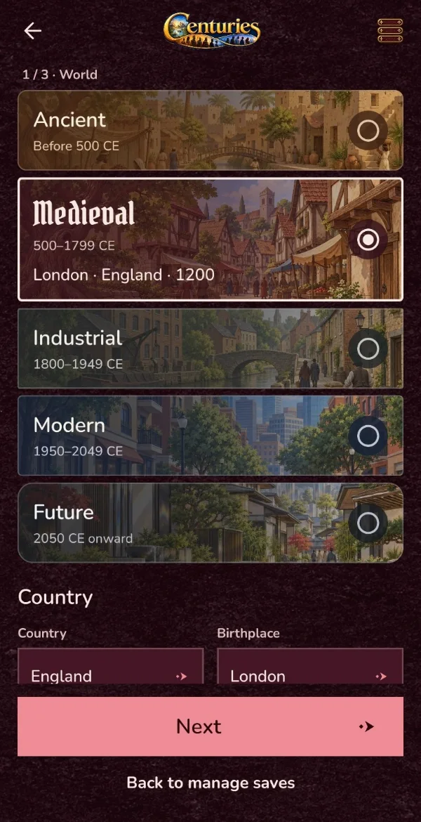 Centuries world screen with the Medieval era selected and London, England as the birthplace