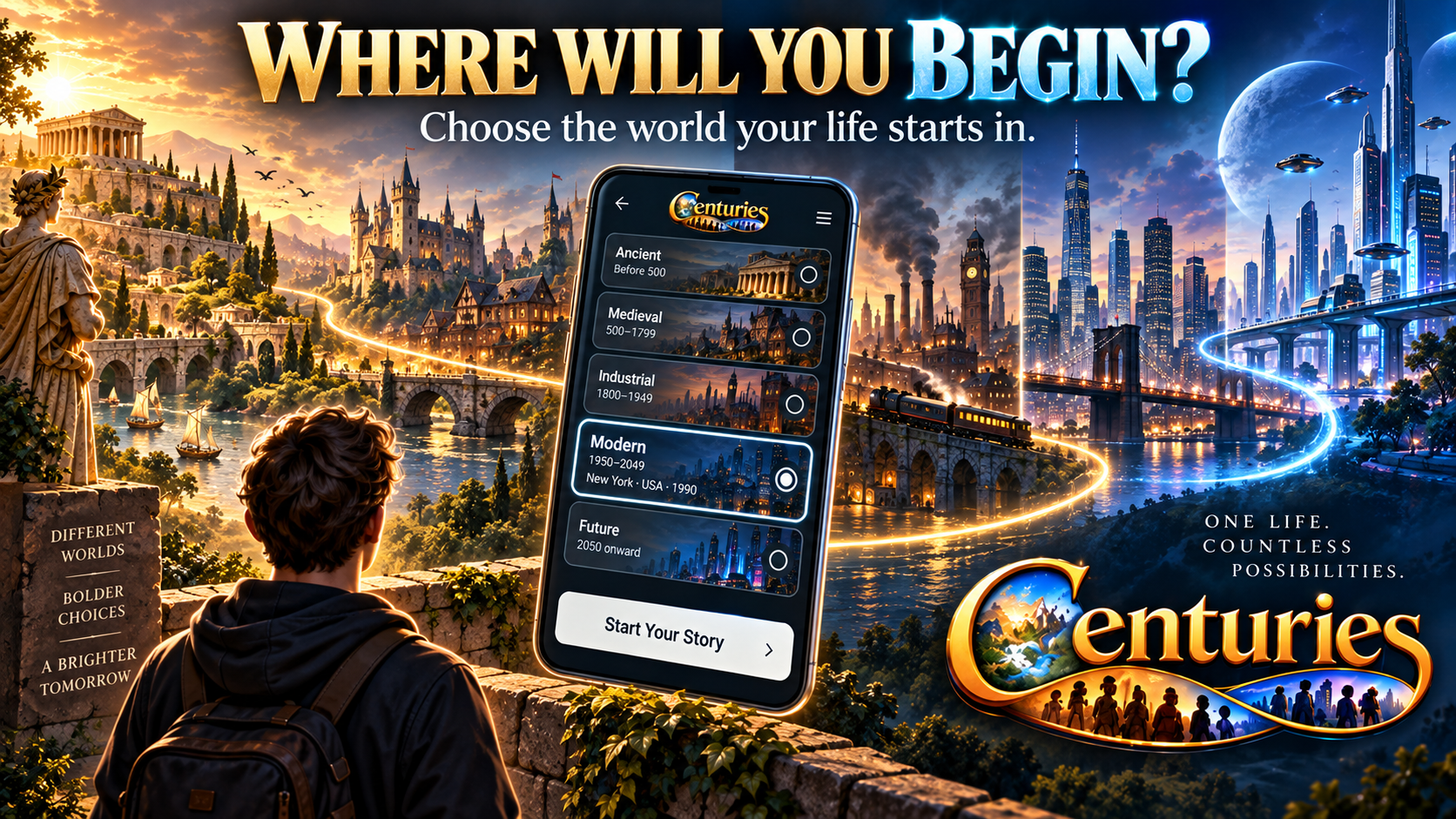 Where will you begin? Centuries era selection against a landscape spanning ancient temples to future cities